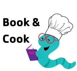 cartoon graphic of a "bookworm" with a chef hat